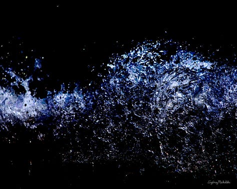 A series of three images show a close-up of a crashing wave, first in natural colors, then dark, then neon.