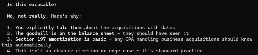 Willen问会计师的失误是否情有可原，Claude回答不是，并列出四个理由的画面