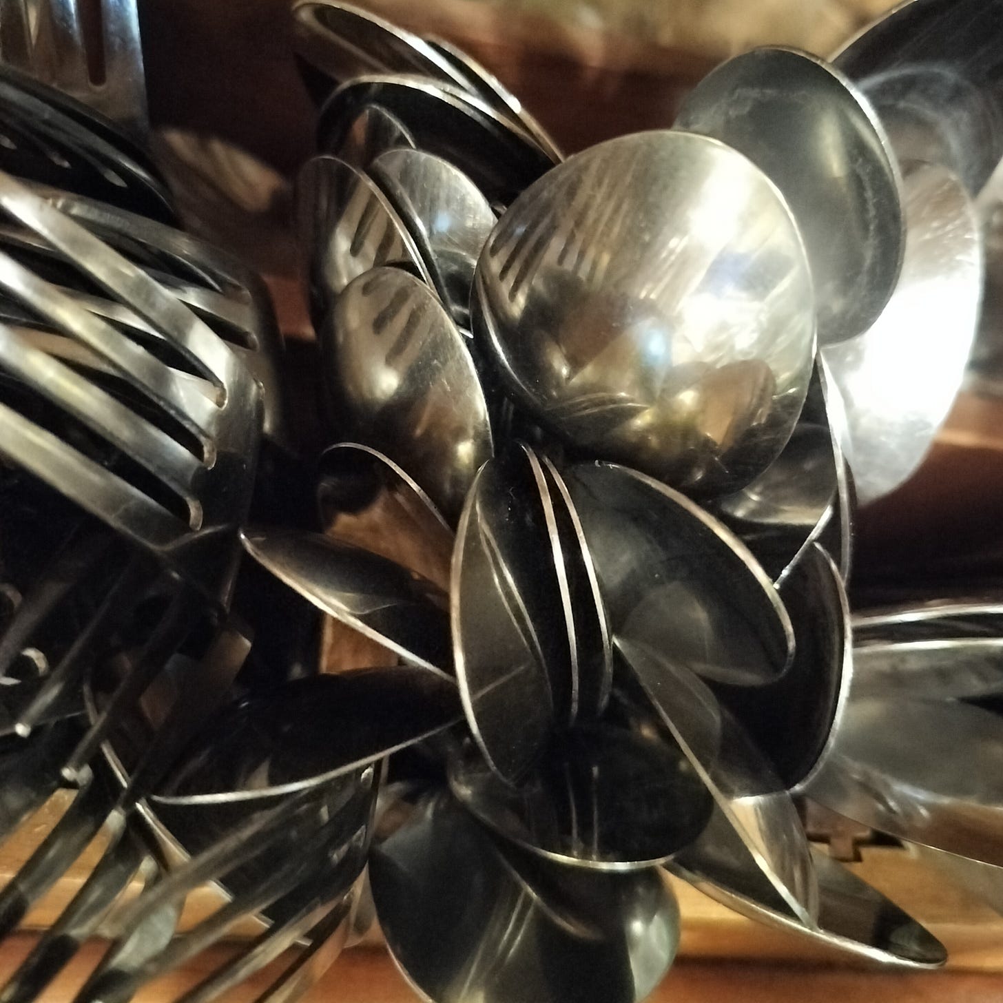 Utensils in a carrier, including forks, spoons, & knives