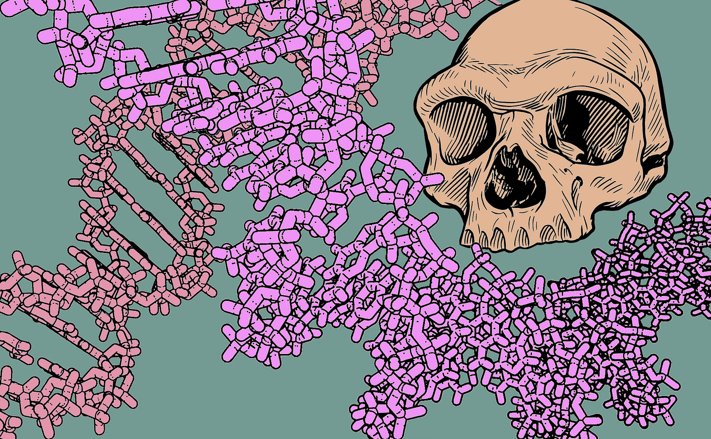 Pen-and-ink style drawing of DNA molecules and the Harbin skull Pen-and-ink style drawing of DNA molecules and the Harbin skull
