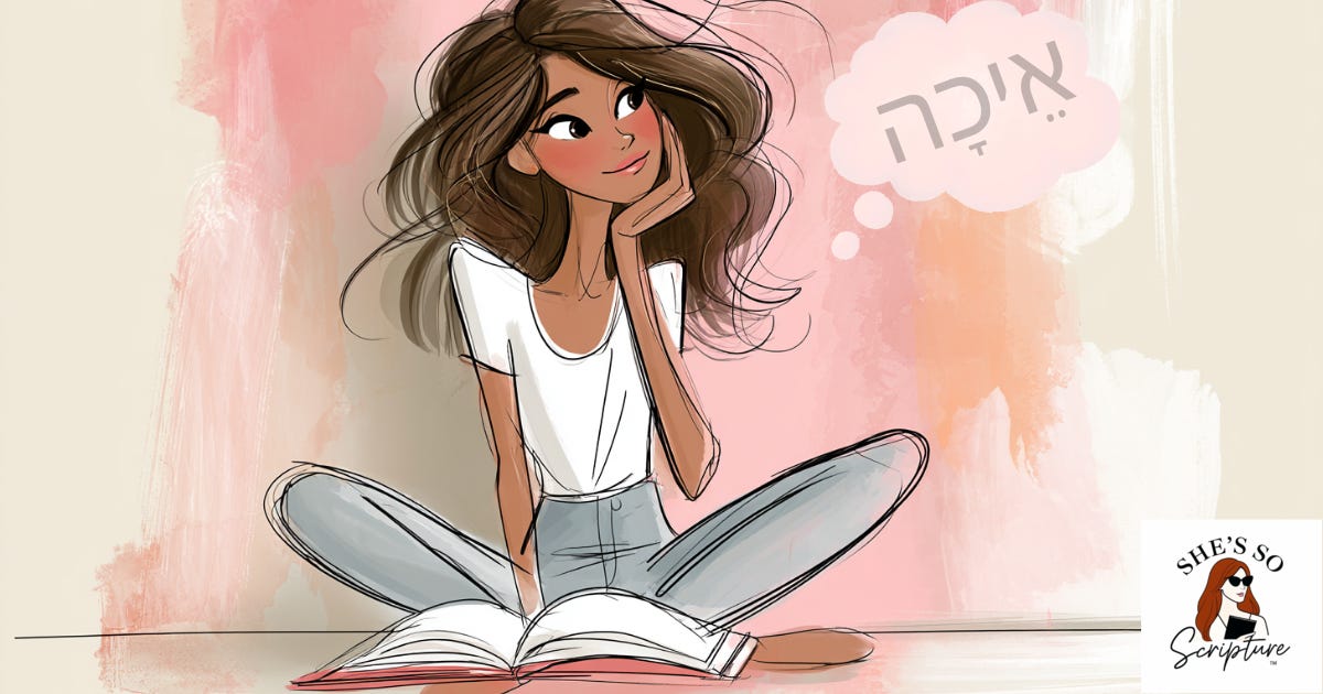 Illustration of a woman journaling while gazing at a faint, representing the Hebrew word eichah and its theme of grief in Scripture.