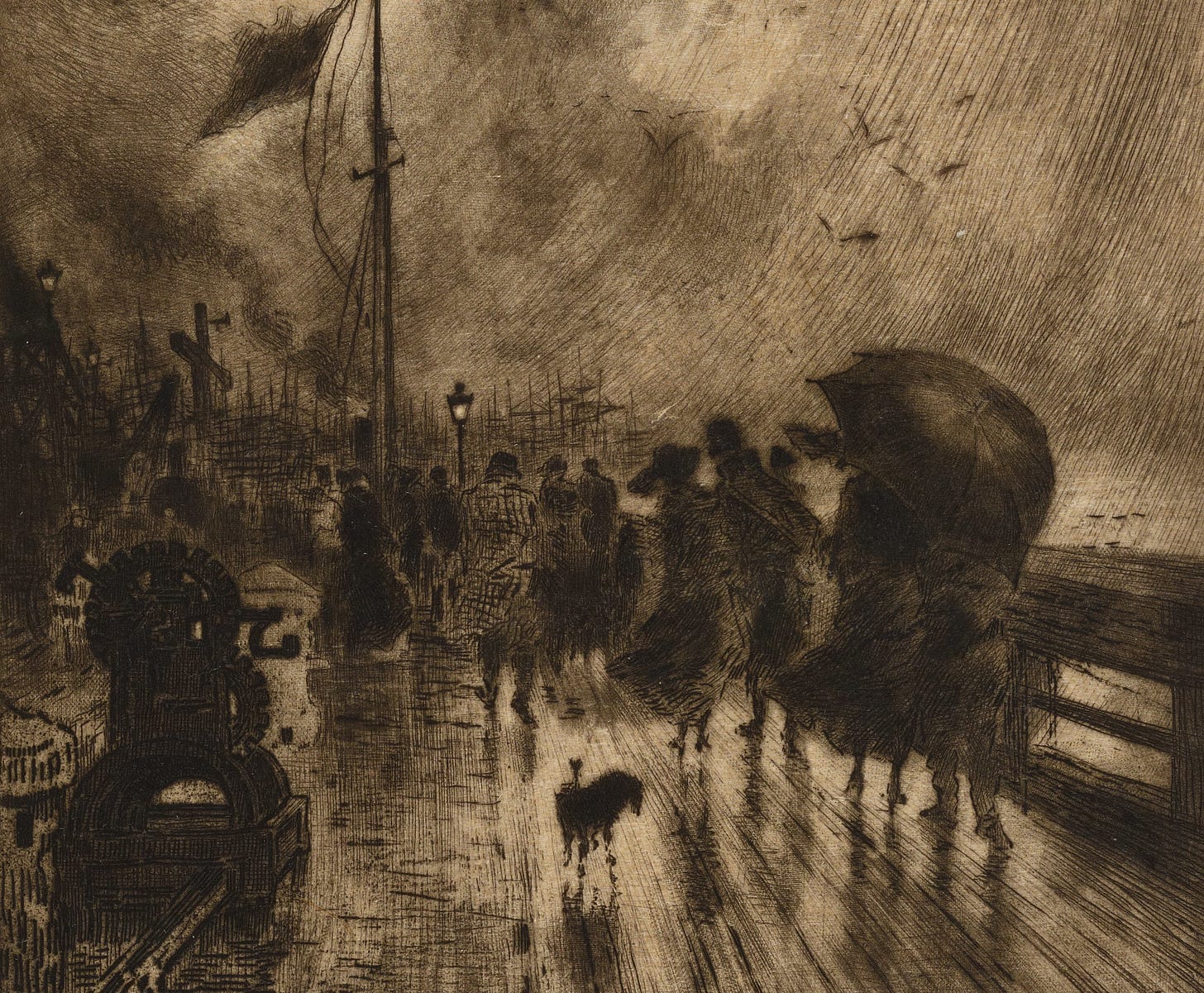 A depiction of people walking along a stormy English seaside.