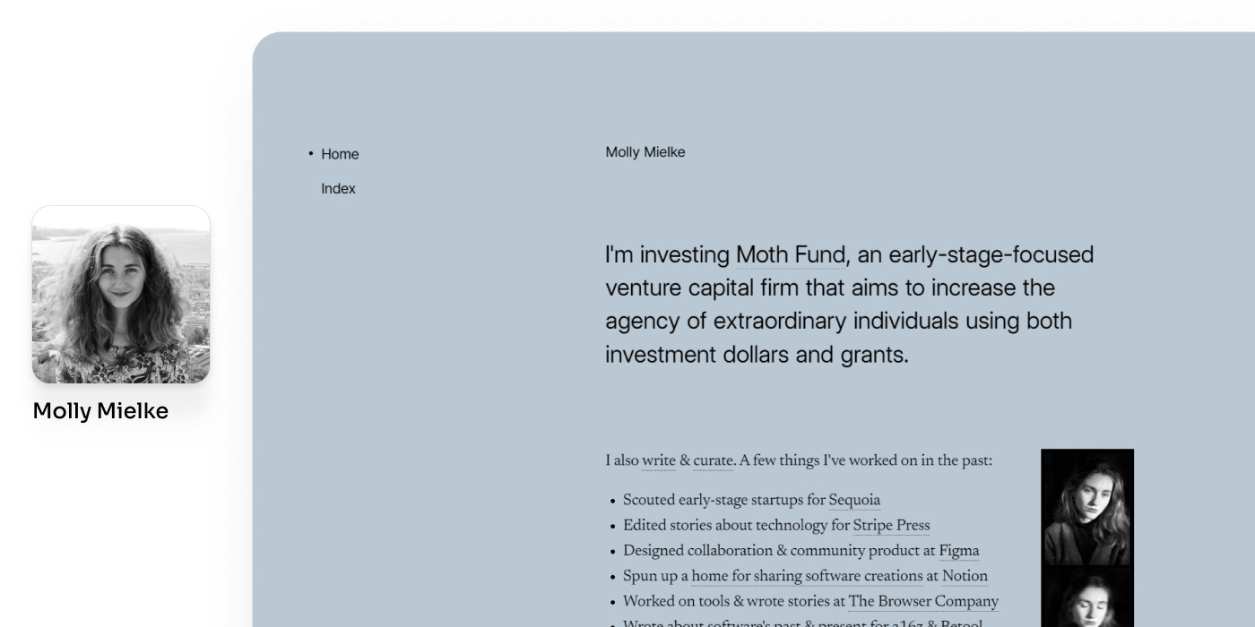 Molly Mielke profile image and a screenshot of his portfolio