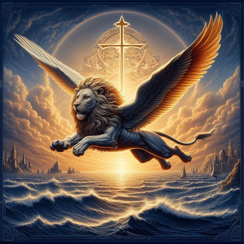 A winged lion flying with a cross in its  fwo front paws over the Mediterranean sea to Egypt