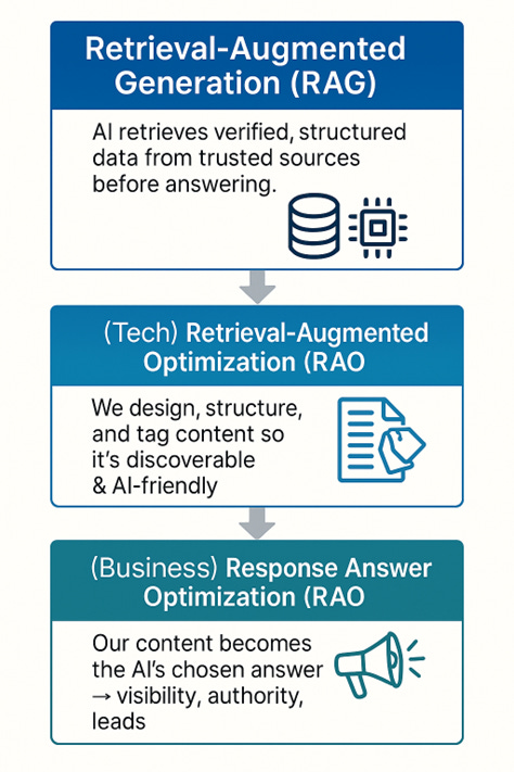 Vertical infographic showing the RAO process. Step 1: Retrieval-Augmented Generation (RAG), where AI retrieves structured data. Step 2: Technical RAO, designing and structuring content so it’s discoverable and AI-friendly. Step 3: Business RAO, where content becomes the AI’s chosen answer leading to visibility, authority, and customer leads. Vertical infographic showing the RAO process. Step 1: Retrieval-Augmented Generation (RAG), where AI retrieves structured data. Step 2: Technical RAO, designing and structuring content so it’s discoverable and AI-friendly. Step 3: Business RAO, where content becomes the AI’s chosen answer leading to visibility, authority, and customer leads.