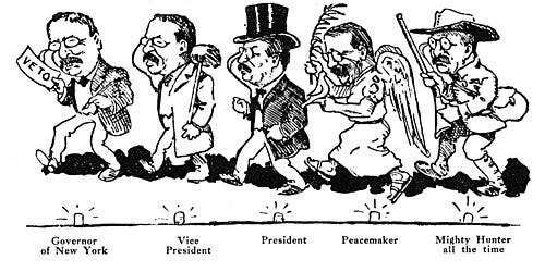 A 1910 cartoon depicting Roosevelt's many roles from 1899 to 1910 A 1910 cartoon depicting Roosevelt's many roles from 1899 to 1910