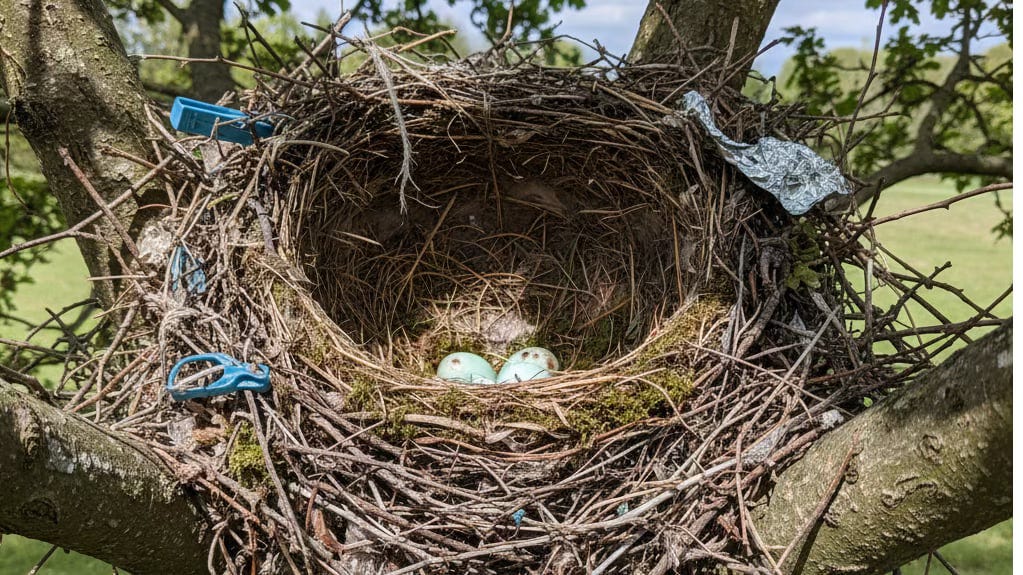 A high-detail, close-up photo of a magpie's nest tucked into the fork of a tree. The nest is a complex bowl of dry twigs and moss containing two speckled light-blue eggs. Woven into the structure are scavenged human items, including blue plastic clips and shiny silver foil, representing the bird's habit of collecting diverse materials.