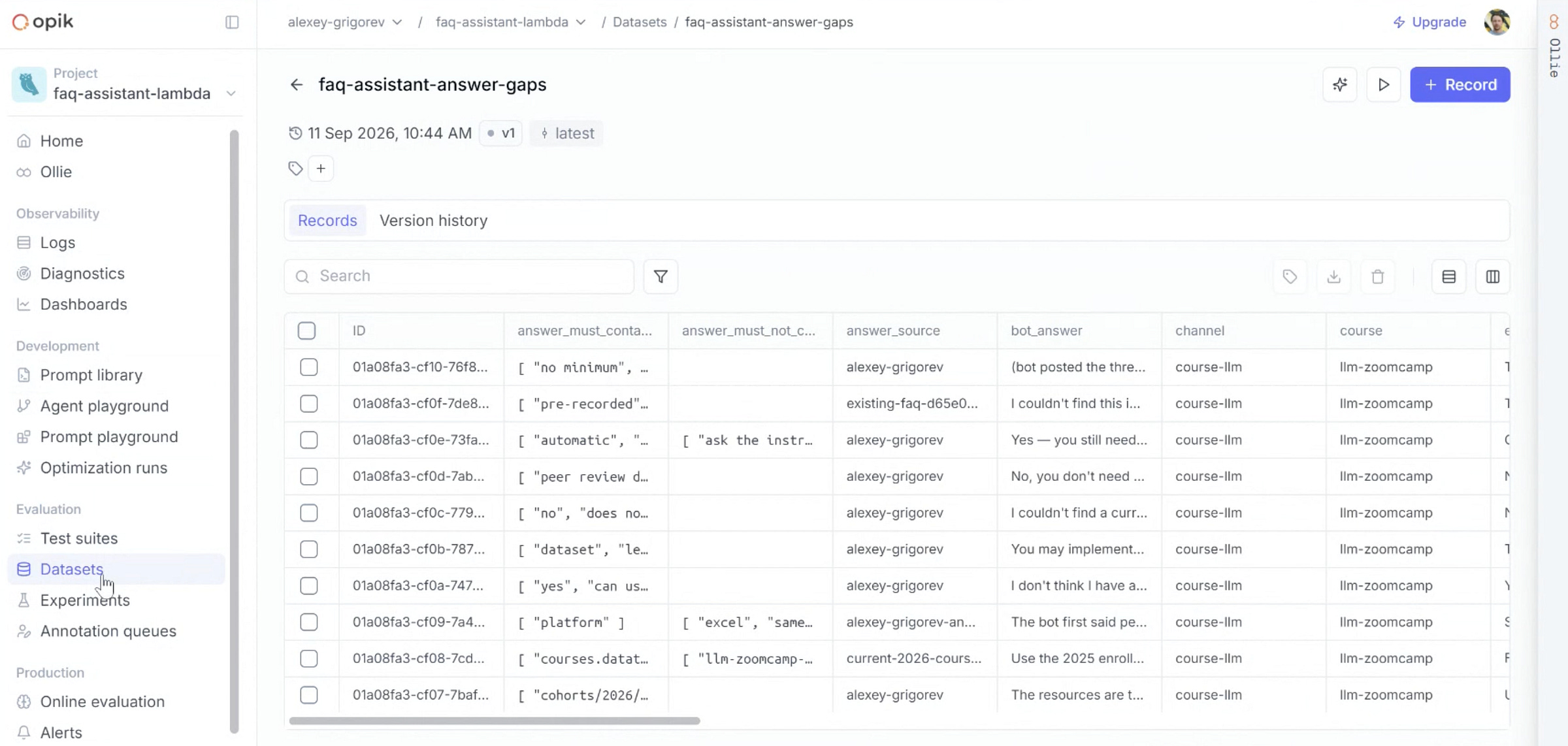 Slack assistant corrections as an Opik eval dataset.