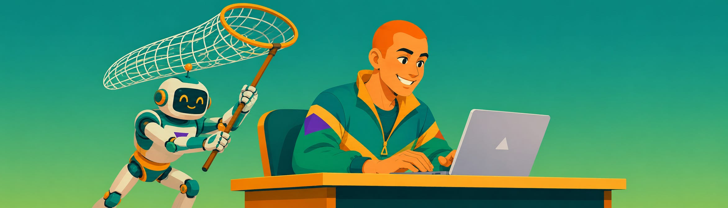 Cartoon illustration of a robot about to catch an unsuspecting man typing on a laptop with a net.