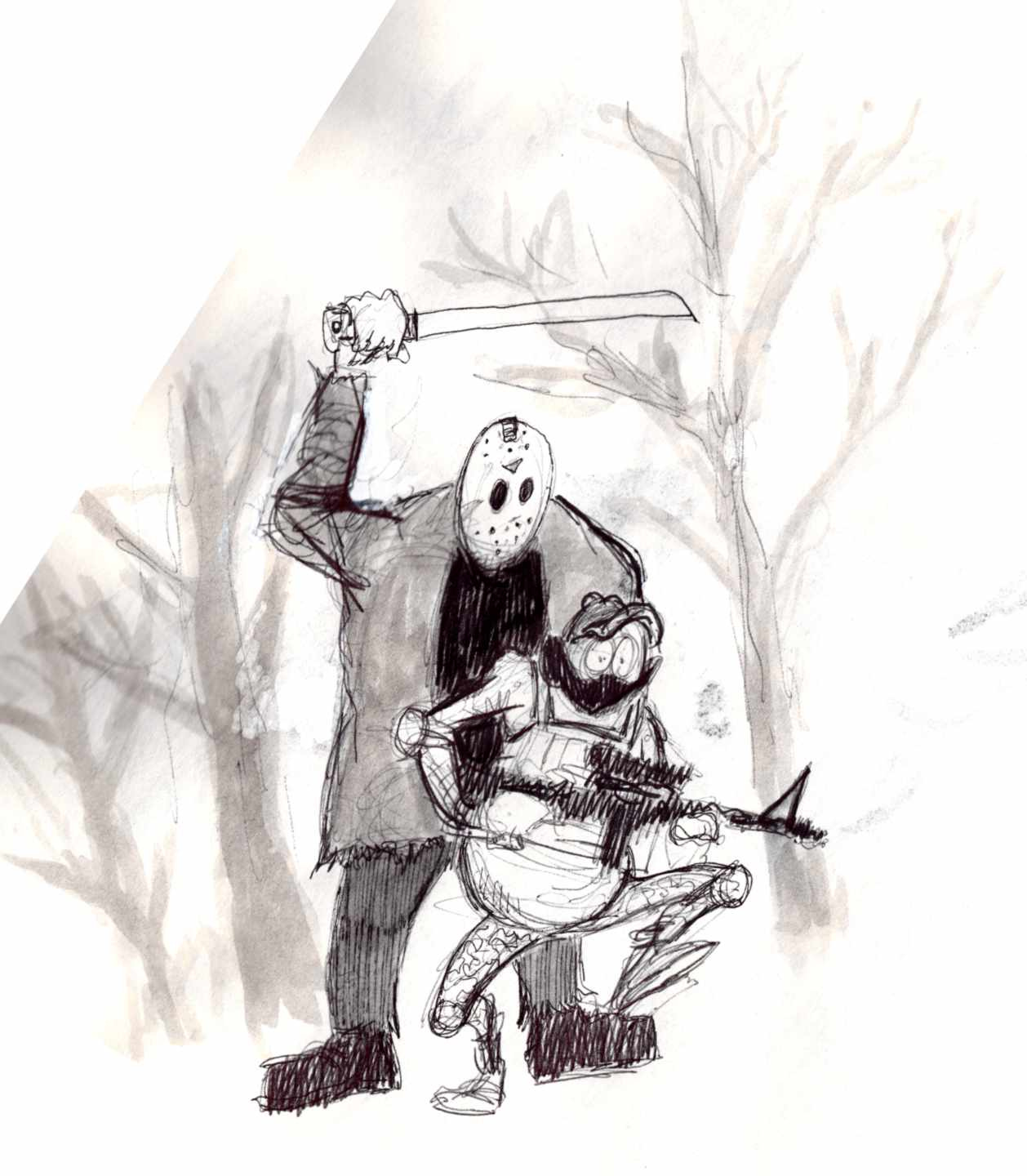 Ink wash sketch of Jason Voorhees going after a trespasser.