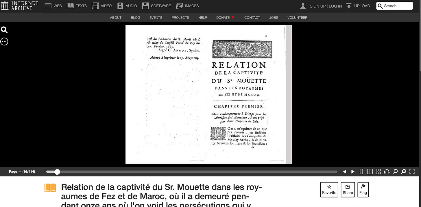 The archive.org viewer showing the scanned 1683 title page of the Moüette memoir, with 17th-century typography and the long-s character