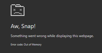 a computer screen displays an error message that says aw snap something went wrong while displaying this webpage error code out of memory