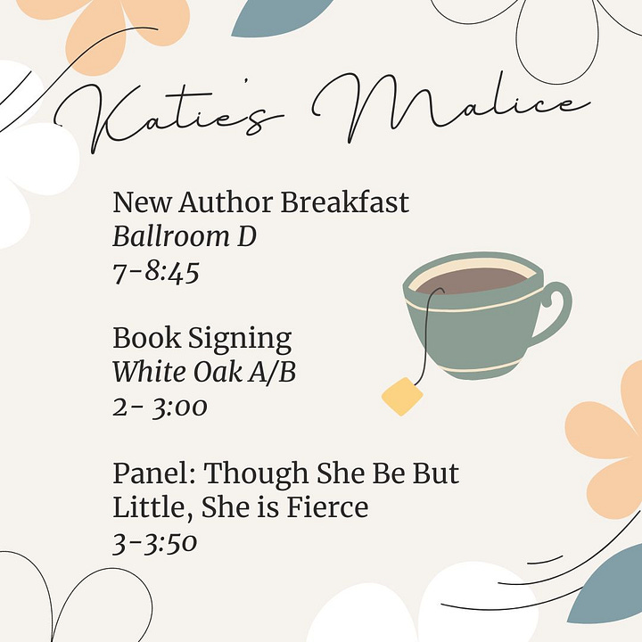 Katie's schedule for Malice Domestic conference and a graphic depicting the five writers on the panel.