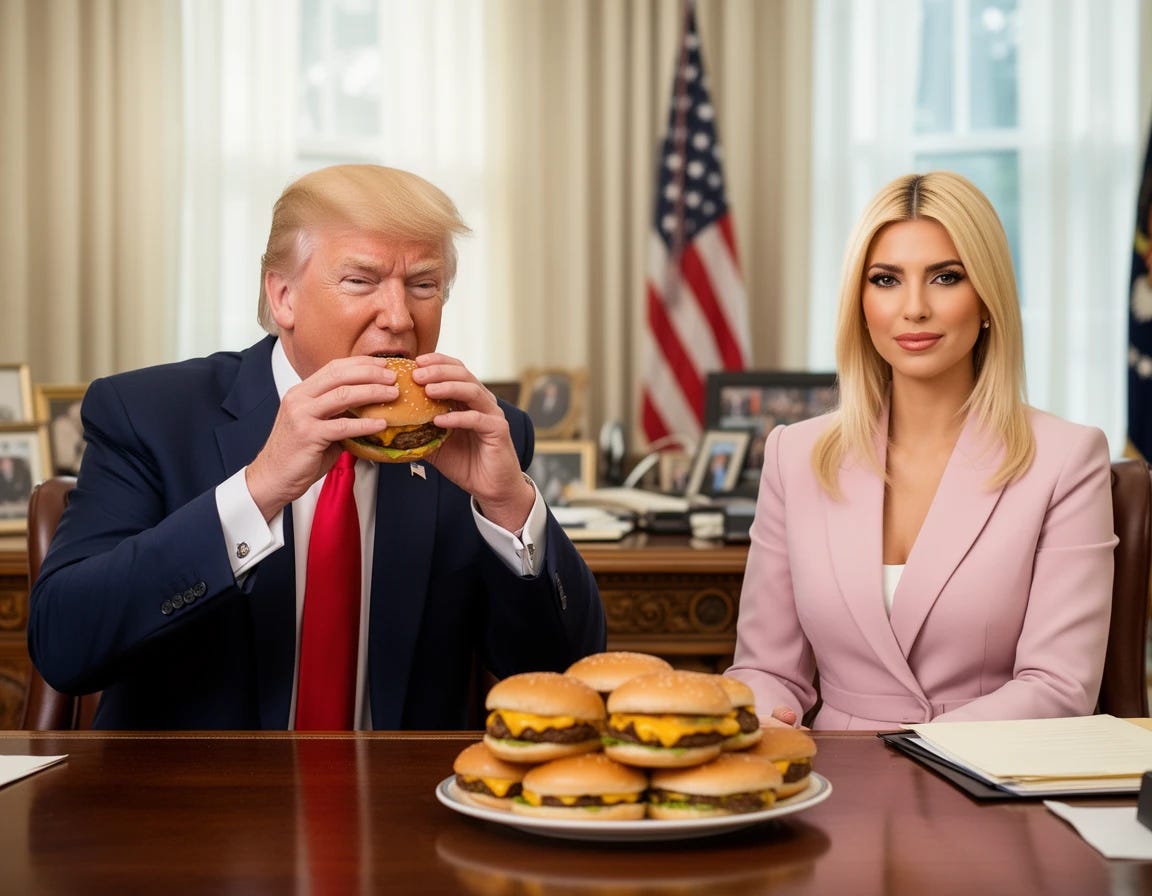 Donald Trump posing in oval office eating cheeseburgers with daughter Ivanka Trump