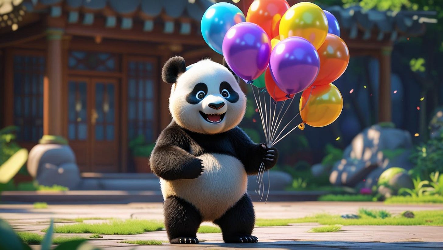 Illustration of a happy cartoon panda holding a bunch of colorful balloons