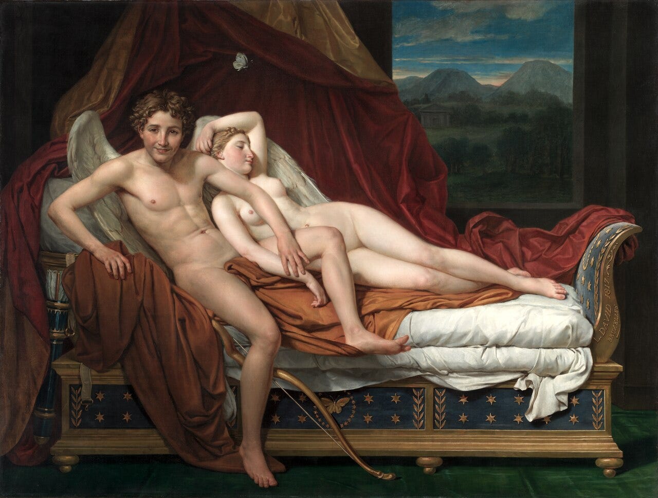 Cupid leaning to kiss Psyche as a butterfly hovers Cupid leaning to kiss Psyche as a butterfly hovers