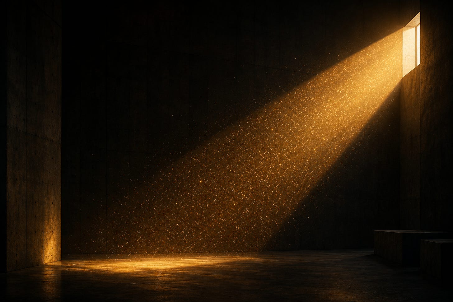 A single shaft of light illuminating a dark room, serving as a visual metaphor for the visibility illusion, intentional leadership communication, employee recognition, and moving appreciation from assumption to expression.