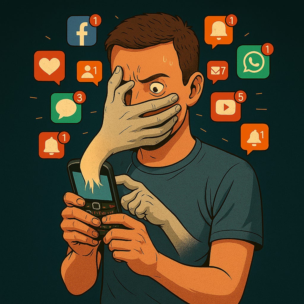 una persona revisando un teléfono estilo blackberry 3120 y que de la pantalla del teléfono salgan unas manos que lo obligan a seguir viendo la pantalla, además que alrededor de la cabeza de la persona se vean notificaciones de muchas aplicaciones