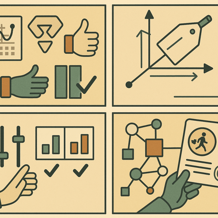 Dall-E image: Four frames, illustrating some hands in three of the four, perhaps a calendar and magnet in the upper left, a 3D graph in upper right, a bar chart in lower left, and a network in lower right, along with a piece of paper showing a pedestrian.