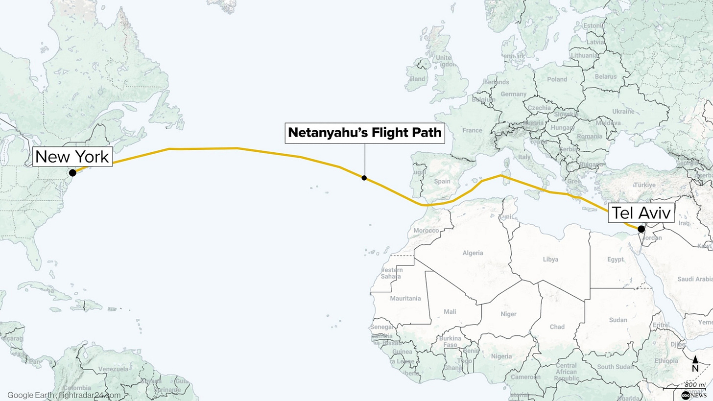 PHOTO: Map of path of Prime Minister Benjamin Netanyahu’s flight to New York, where he will attend the UN General Assembly