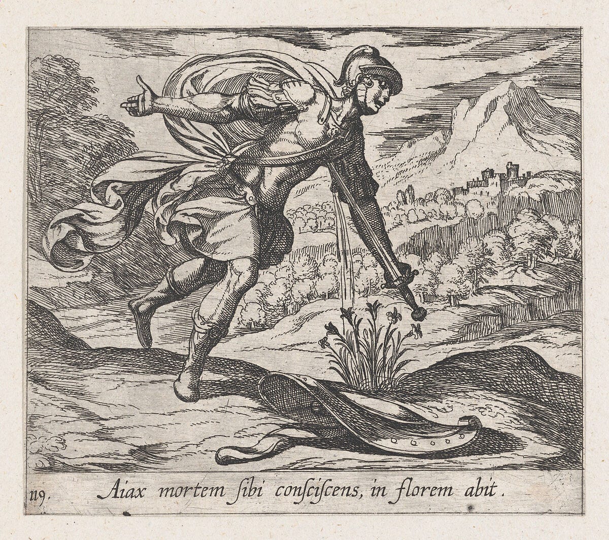 Plate119: The Death of Ajax (Aiax moretm Sibi consciscens, in florem abit), from Ovid's 'Metamorphoses', Antonio Tempesta (Italian, Florence 1555–1630 Rome), Etching