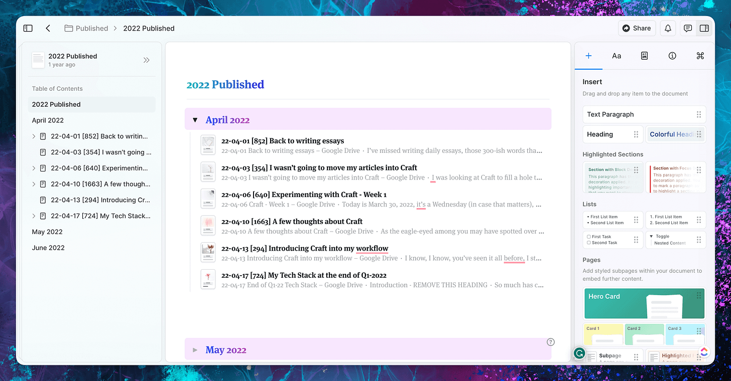 Screenshot of my content capture process in Craft Docs