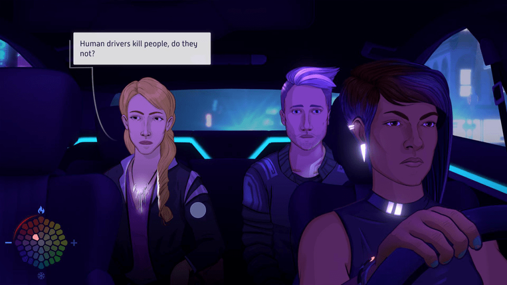 Neo Cab gameplay showing a driver talking with passengers in a neon city taxi, a dialogue-driven entry among mature cosy games.