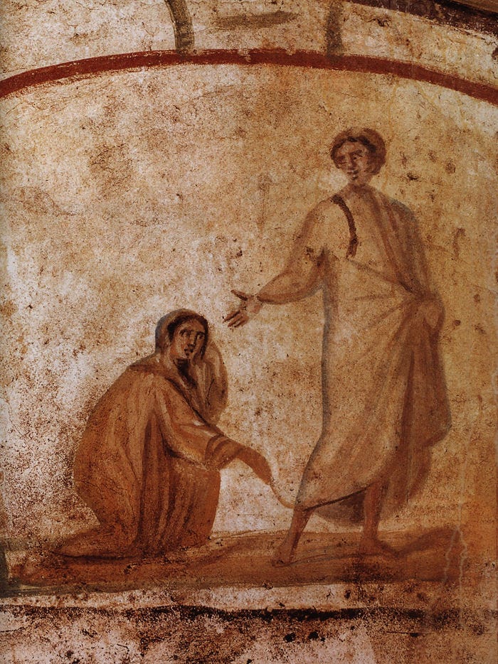 This painting is found in the Catacombs of Marcellinus and Peter in Rome. 
Unknown author, Public domain, via Wikimedia Commons. 