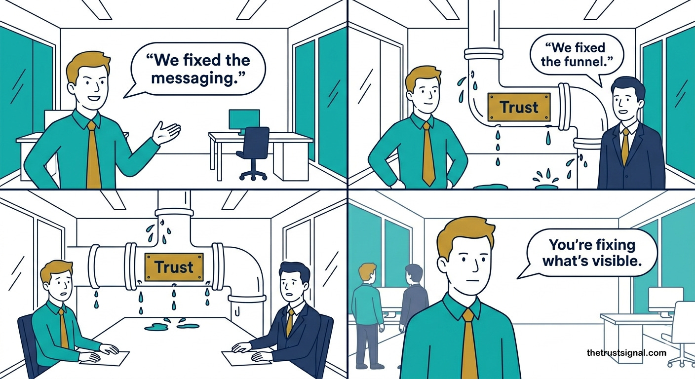 B2B marketing team fixing messaging and funnel while underlying trust issues remain hidden, illustrating broken trust signals across consistency, clarity, credibility, and connection.