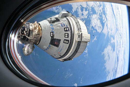 A view of Boeing's Starliner capsule docked to the forward port of the International Space Station. / Credit: NASA