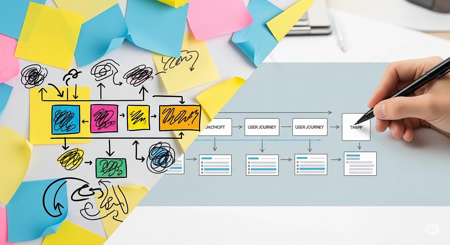 A composite image contrasting chaos and order. The left side shows a jumble of colorful sticky notes and messy, scribbled arrows. The right side shows a hand neatly drawing a clean, structured user journey map. A composite image contrasting chaos and order. The left side shows a jumble of colorful sticky notes and messy, scribbled arrows. The right side shows a hand neatly drawing a clean, structured user journey map.
