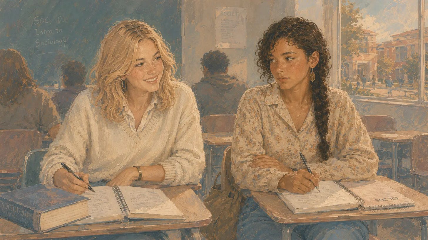 Classroom scene of White girl smiling warmly at Latina girl across neighboring desks. Latina girl sits with her notebook open, looking cautious and uncertain, while soft daylight filters through the window behind them. Classroom scene of White girl smiling warmly at Latina girl across neighboring desks. Latina girl sits with her notebook open, looking cautious and uncertain, while soft daylight filters through the window behind them.