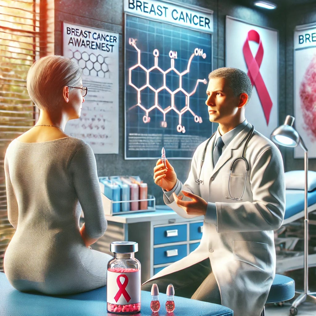A detailed and realistic image depicting a healthcare setting focused on breast cancer treatment. The scene includes a doctor explaining new treatment options to a patient, with medical charts and breast cancer awareness symbols in the background. The doctor is holding a vial of medication, and there is a poster showing the molecular structure of a drug. The environment is a modern hospital room with medical equipment and an optimistic atmosphere, emphasizing care and advanced medical research.