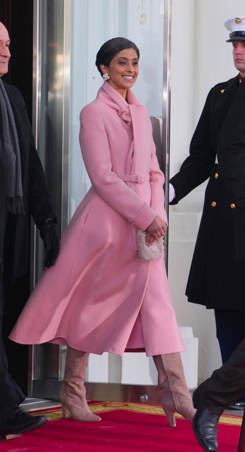 Elle Lookbook on X: "Elegance, grace, and style 🇺🇸 For the 60th Inaugural  Ceremonies, Second Lady Usha Vance wears a custom peony cashmere coat with  scarf wrap and complementing tea-length dress. https://t.co/ncZC4x1IpF" /