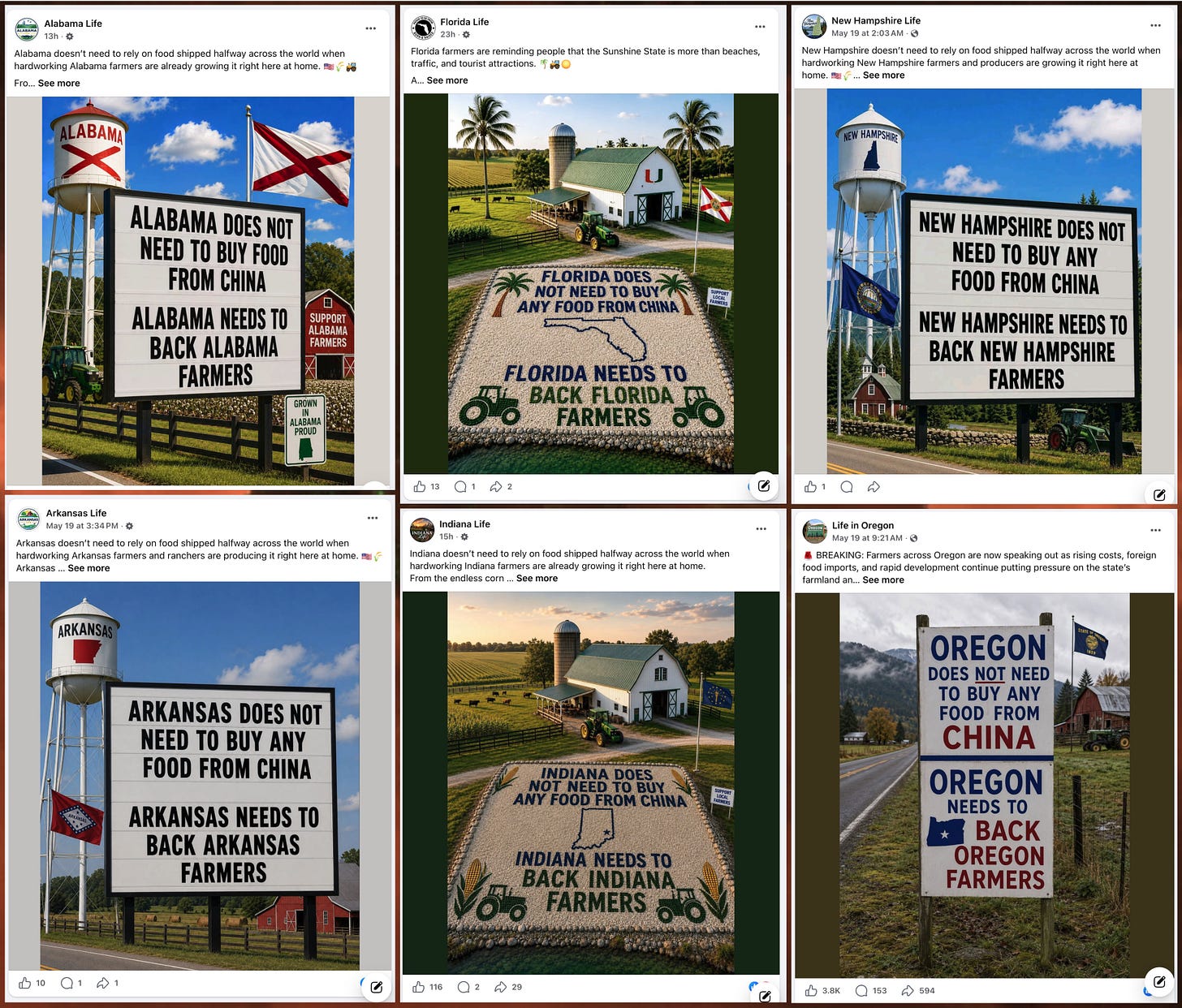 collage of AI-generated image posts expressing opposition to importing food from China collage of AI-generated image posts expressing opposition to importing food from China