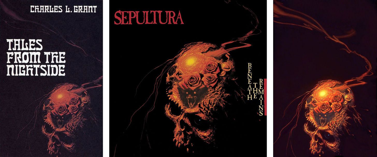 LEFT: Book cover for TALES FROM THE NIGHTSIDE by Charles L. Grant, published by Arkham House.  CENTER: Album cover for BENEATH THE REMAINS by Sepultura, distributed by Roadrunner Records.  RIGHT: NIGHTMARE IN RED (1981), Acrylics over pastels on mounted pastel paper	- 25 ½” x 20”. Angled view down on a horror montage set upon a red tinted, textured skull topped by a trio of rose blooms. Low in the immediate foreground one orbital reflects the glint of light on an eyeball. Nested low on the forehead a bat opens its maw wide in a scream. Set to the side is a tile with the number 3 and a creeping spider. Opposite rests a small stack of coins, the topmost decorated with a triangle. Smoke wafts out of a crack at the top back of the skull while tendrils of roots grow off the opposite side. 