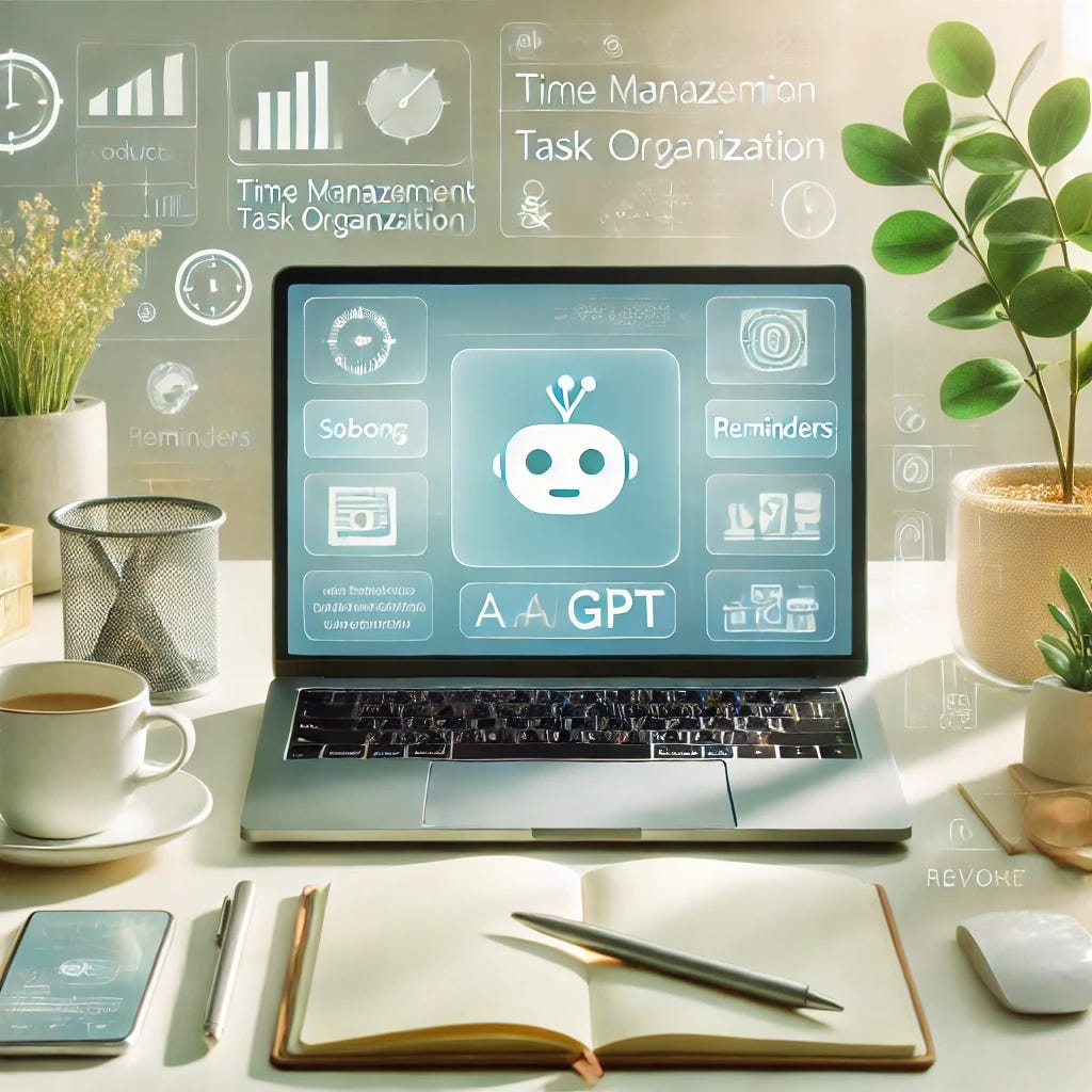 A serene, organized workspace with an open laptop displaying an AI assistant like ChatGPT, surrounded by calming elements such as a tidy notepad, a plant, and a coffee cup. The setting shows a bright, minimalist desk environment, symbolizing productivity and mental clarity. In the background, subtle hints of digital icons representing time management, task organization, and reminders float in soft, soothing colors, reflecting the support of AI in managing cognitive tasks and executive functioning. A serene, organized workspace with an open laptop displaying an AI assistant like ChatGPT, surrounded by calming elements such as a tidy notepad, a plant, and a coffee cup. The setting shows a bright, minimalist desk environment, symbolizing productivity and mental clarity. In the background, subtle hints of digital icons representing time management, task organization, and reminders float in soft, soothing colors, reflecting the support of AI in managing cognitive tasks and executive functioning.