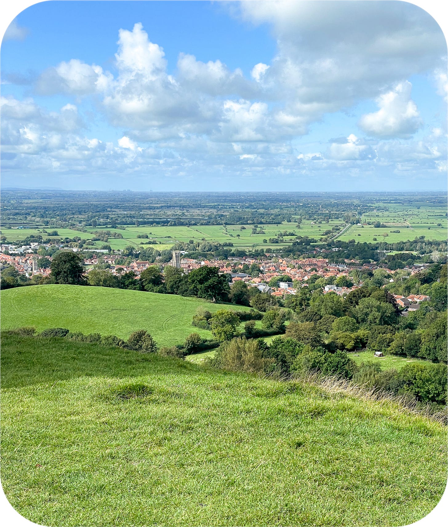 The town of Glastonbury from Glastonbury Tor