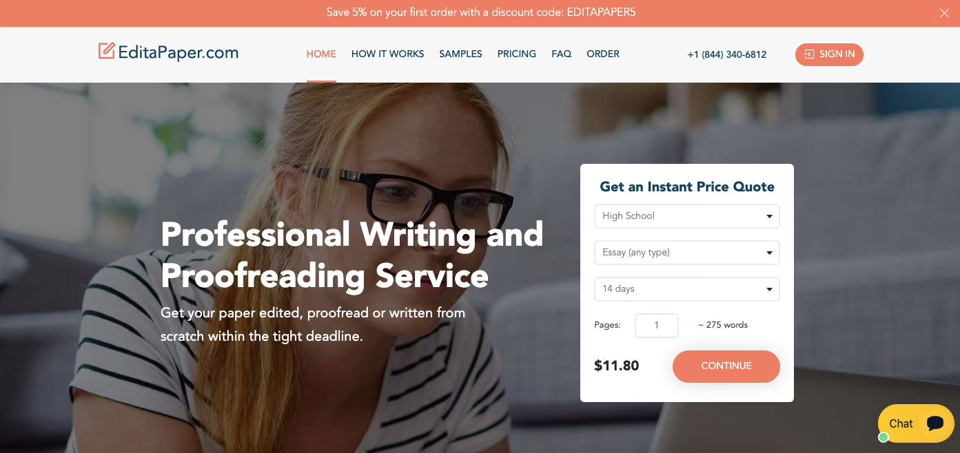 The homepage of EditaPaper, billing itself as a "Professional Writing and Proofreading Service."