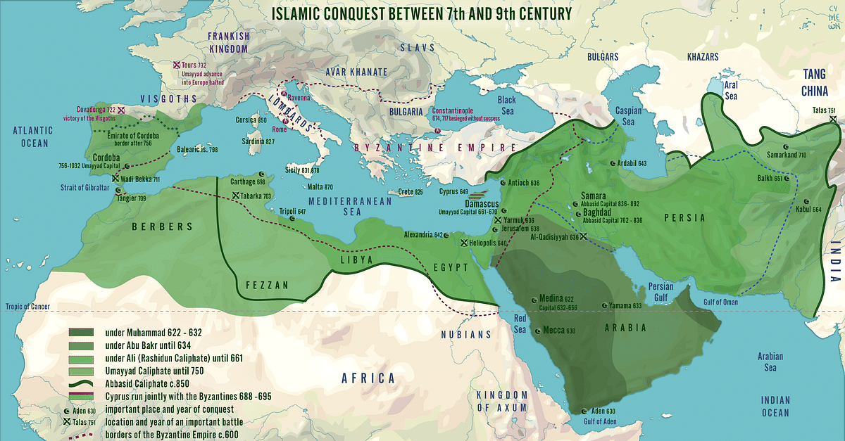 Map of the Islamic Conquests in the 7th-9th Centuries (Illustration ...