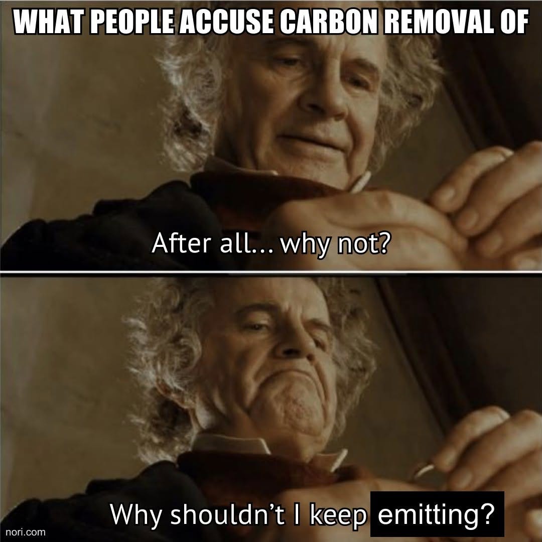 Two stills of Bilbo Baggins with the Ring. Top: "What people accuse carbon removal of." Subtitles: "After all... why not?" and "Why shouldn't I keep emitting?"