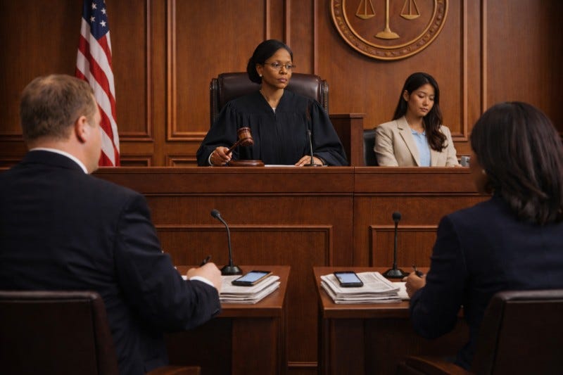 Black woman judge holds gavel and looks away as a white, male judge and black lady judge prepare for their cases. In front of them sit smartphones and a pile of newspapers.