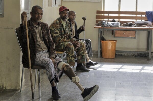 Wounded Tigrayan former combatant's of the recent war, wait to be attended at Ortho-Physiotherapy Centre at Mekele in Tigray region of northern Ethiopia Friday, Feb. 14, 2025. (AP Photo/Amanuel Birhane)