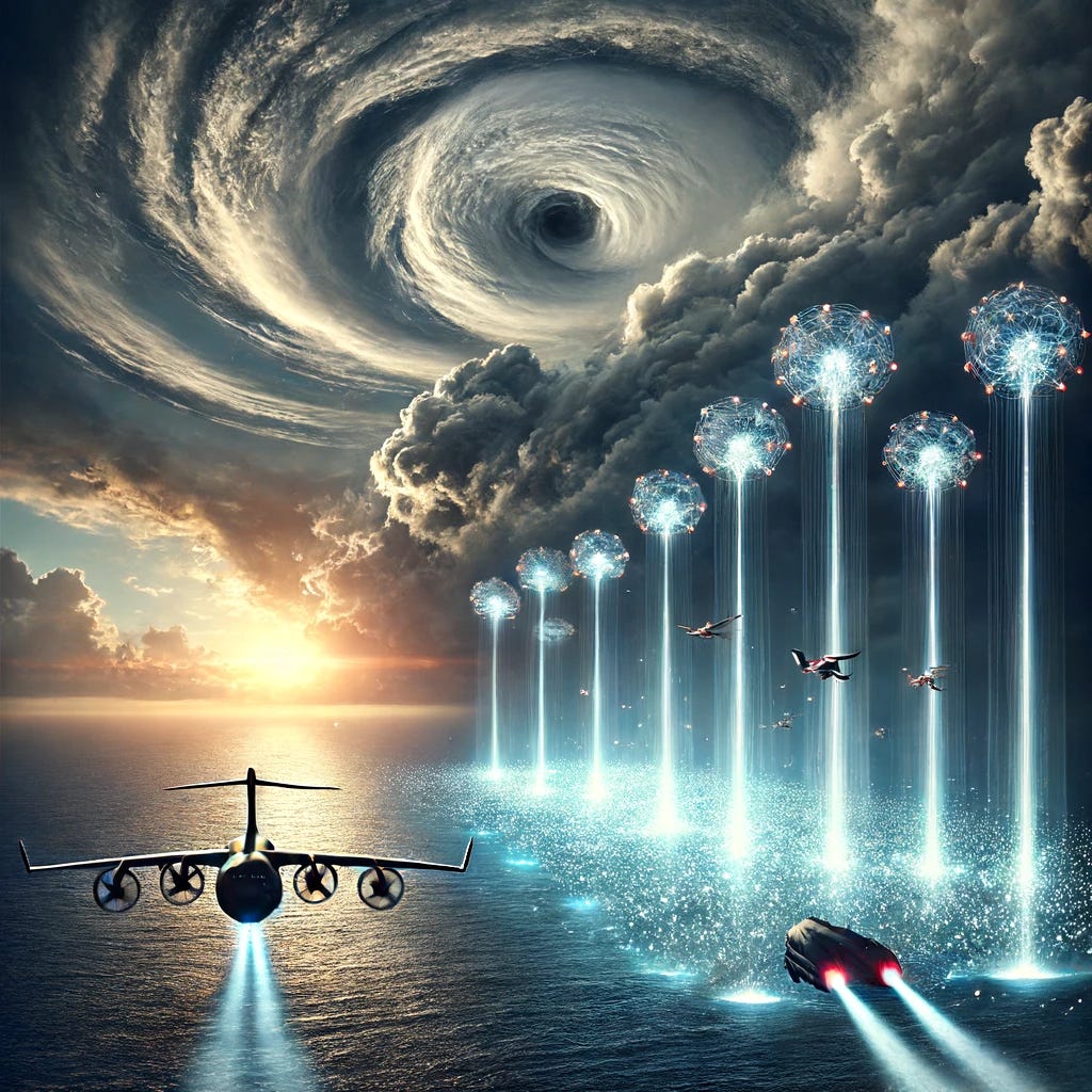 A compelling cover image for a blog post about weather modification using nanotechnology. The image features a dramatic stormy sky with a large hurricane swirling in the background over the ocean. In the foreground, futuristic aircraft are releasing glowing swarms of nanobots into the hurricane. The nanobots create a luminous barrier that disrupts the hurricane's structure. The scene is dynamic and futuristic, with beams of light breaking through the clouds, indicating the storm's weakening. The overall tone is both powerful and hopeful, emphasizing the potential of technology to tame natural disasters.
