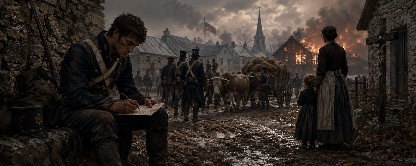 A weary American infantryman in an 1813 uniform sits beside a stone wall writing a letter as soldiers move through a muddy Canadian village. Oxen pull a wagon along the road, a woman and child watch from nearby, and a barn burns beneath a dark, smoke-filled sky. A weary American infantryman in an 1813 uniform sits beside a stone wall writing a letter as soldiers move through a muddy Canadian village. Oxen pull a wagon along the road, a woman and child watch from nearby, and a barn burns beneath a dark, smoke-filled sky.