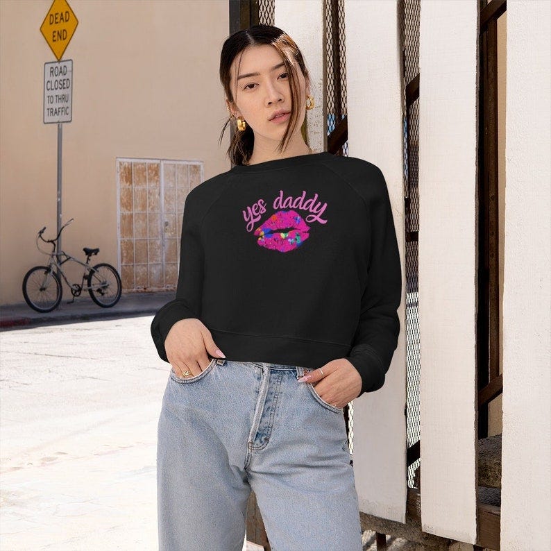 Yes Daddy women's cropped fleece pullover sweatshirt Black