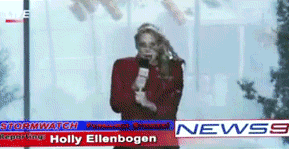 Looping gif of a news reporter standing in a storm, and a STOP sign flies and hits her in the face