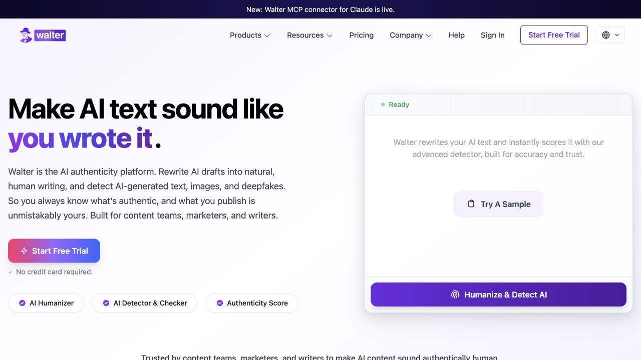 Walter Writes landing page showing its humanizer and detector workflow