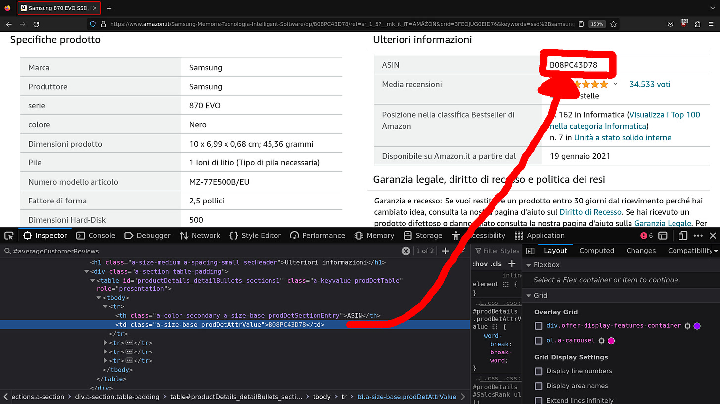 The ASIN (Amazon Sandard Identification Number) is in an information table near the product specs
