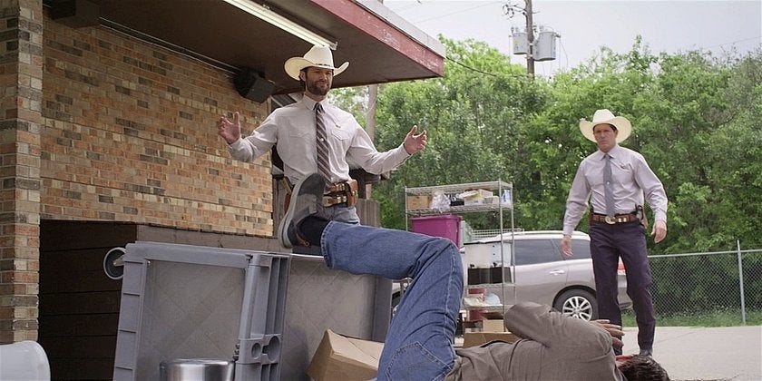 Walker Cordell knocks down bad cop Campbell with cart saying whats the rush. Walker Cordell knocks down bad cop Campbell with cart saying whats the rush.